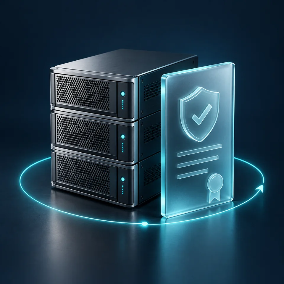 Illustrazione concettuale: un server accanto a un certificato, circondati da un anello di rinnovo.